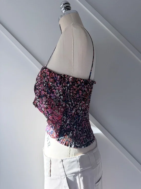 Maje Floral Silk Crop Top Black Pink (3/S) | Sleeveless Parisian Chic Summer - Picture 9 of 13